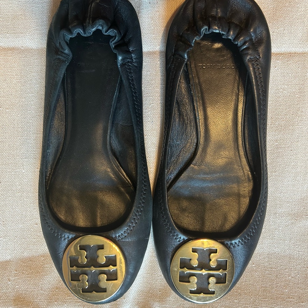 Tory Burch Black Flats with Gold Logo